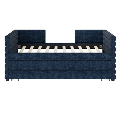 Twin Size Upholstered Daybed With Trundle And 3 Storage Drawers, Chenille Fabric Sofa Bed For Guest Room, Living Room, Space-Saving Modern Day Bed Frame, No Box Spring Needed