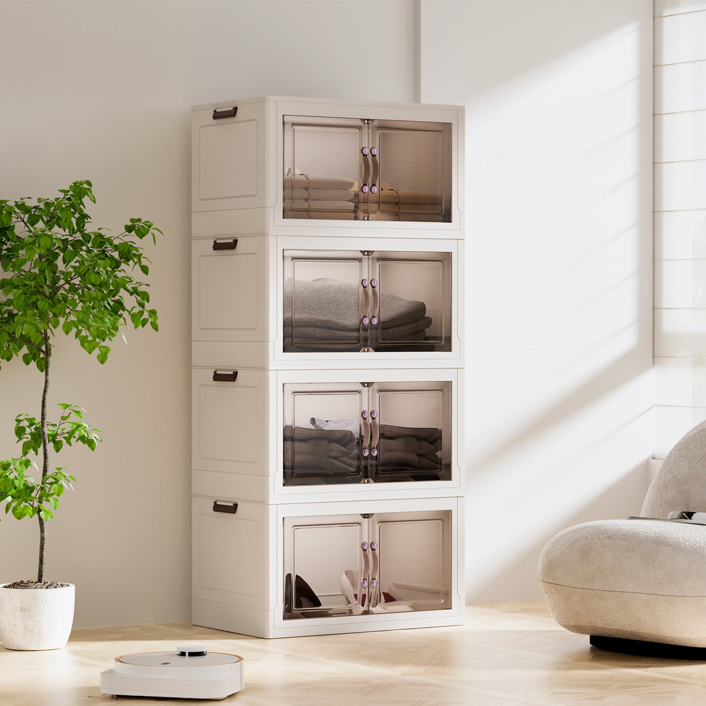 Portable Collapsible Storage Box, Folding Storage Bin - Clear Transparent Design With Lids And Pulley