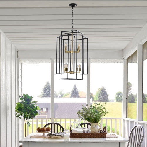 8 Lights Black & Gold Lantern Tiered Chandelier, Industrial Farmhouse Chandelier - No Bulbs Unavailable Platform- Temu