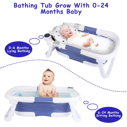 1Pc Baby Bath Tub With Thermometer Collapsible Travel Friendly 0 To 24Months Baby Bathtub With Drain Hole For Newborn Infant Toddler Odorless Toxic Free Foldable Bathtub