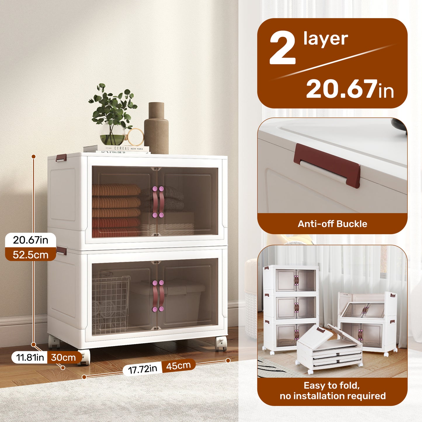 Portable Collapsible Storage Box, Folding Storage Bin - Clear Transparent Design With Lids And Pulley