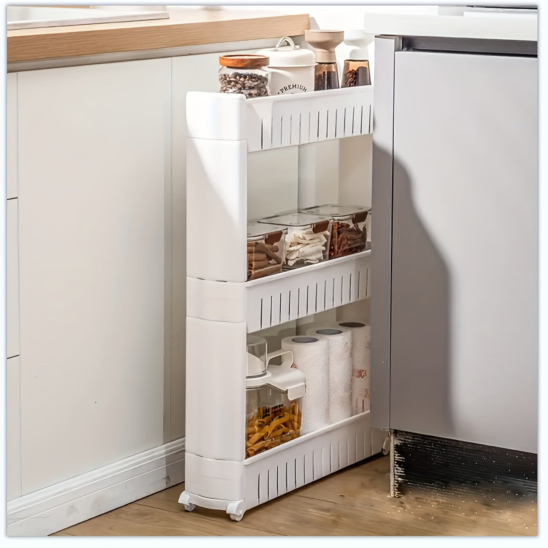 3-Tier Ultra-Thin Refrigerator Side Rack - Freestanding Storage Shelf, Suitable For Bathroom, Kitchen, Living Room - Durable Plastic Organizer Rack With Wheels, Space-Saving Design