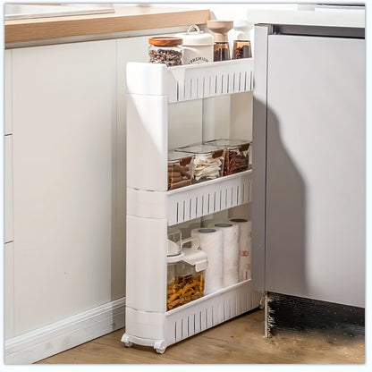 3-Tier Ultra-Thin Refrigerator Side Rack - Freestanding Storage Shelf, Suitable For Bathroom, Kitchen, Living Room - Durable Plastic Organizer Rack With Wheels, Space-Saving Design
