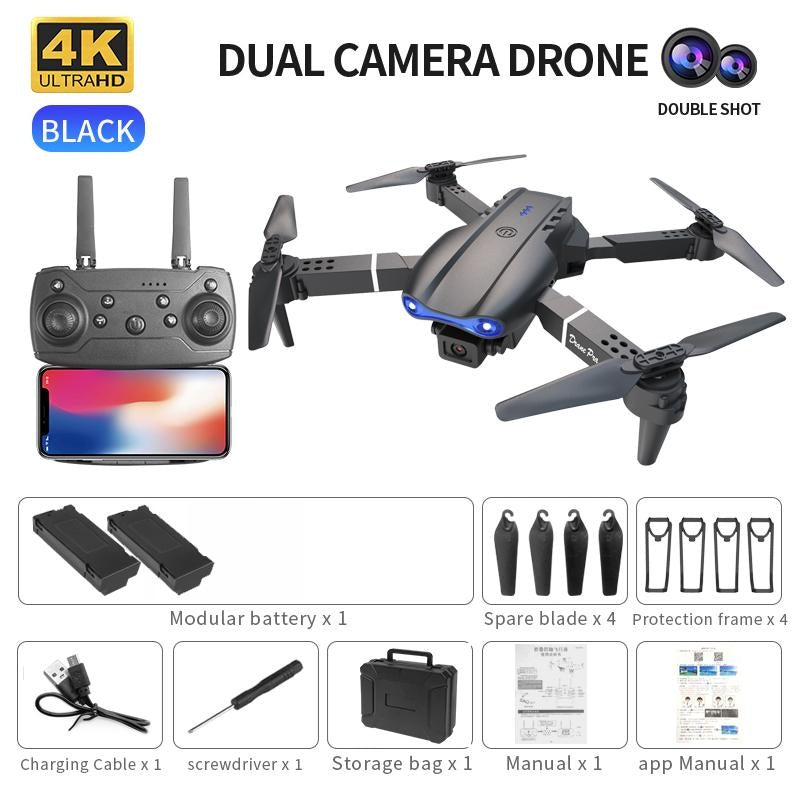 E99 Pro Dual Camera Drone with HD Front & Bottom Lens, 1800mAh Battery, Air Pressure Altitude Hold, Sensor Control, 360° Rollover, Trajectory Flight, Black Foldable Quadcopter