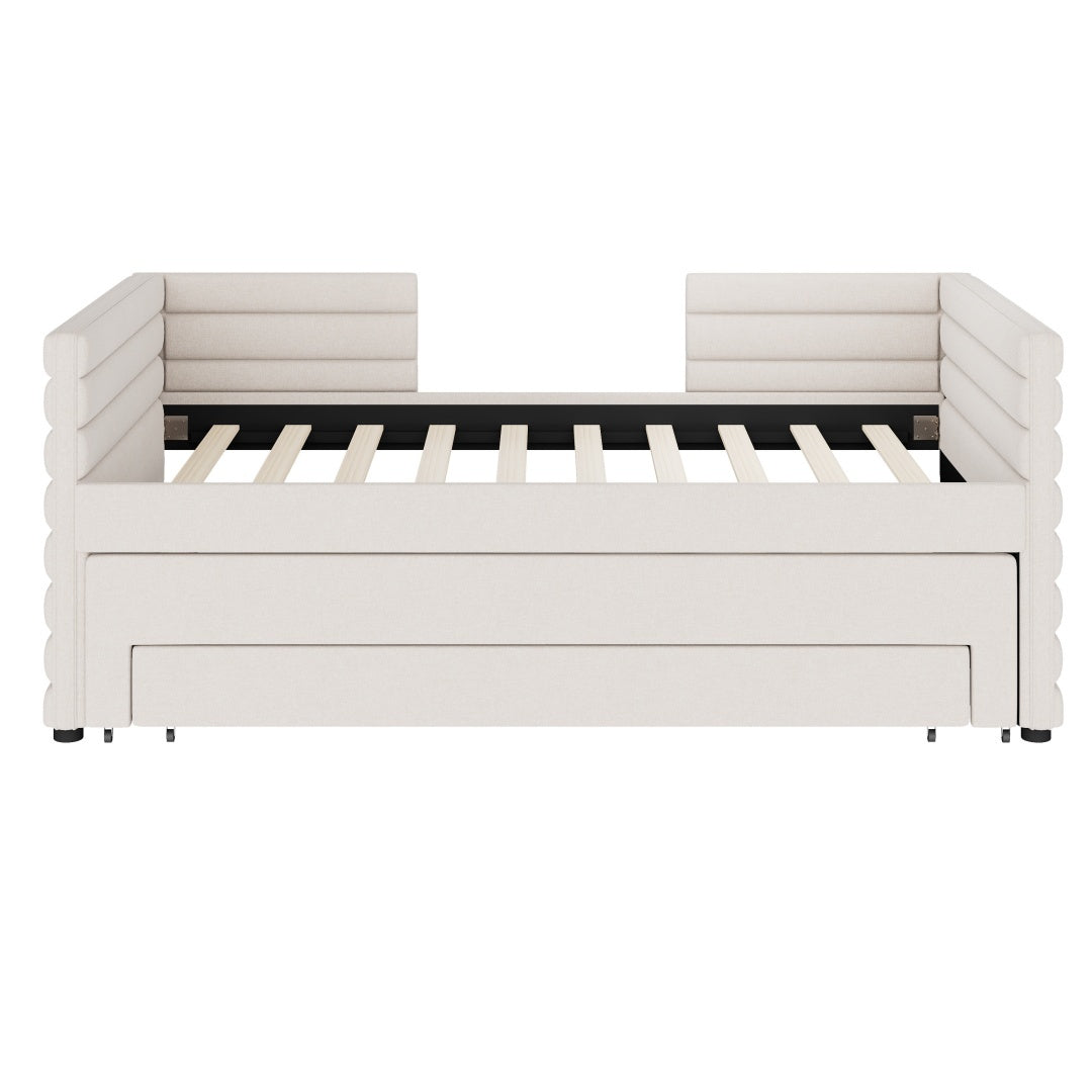 Twin Size Upholstered Daybed With Trundle And 3 Storage Drawers, Chenille Fabric Sofa Bed For Guest Room, Living Room, Space-Saving Modern Day Bed Frame, No Box Spring Needed