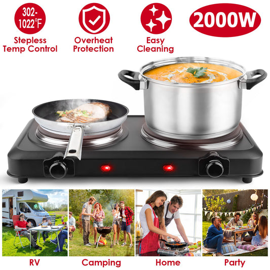 1Pc 2000W Electric Infrared Dual Burner Portable Heating Hot Plate Stove Countertop RV Hotplate With Glass Cooktop Stepless Temperature Adjustments For Home RV Camp