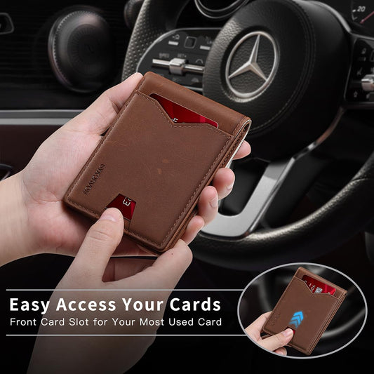 Real Leather Wallet For Men,Slim Bifold Wallet Minimalist Front Pocket Design, RFID Mens Wallet With Money Pocket,ID Window, Hold Up To 11 Cards, Brown, Minimalist