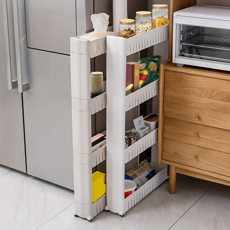 3-Tier Ultra-Thin Refrigerator Side Rack - Freestanding Storage Shelf, Suitable For Bathroom, Kitchen, Living Room - Durable Plastic Organizer Rack With Wheels, Space-Saving Design