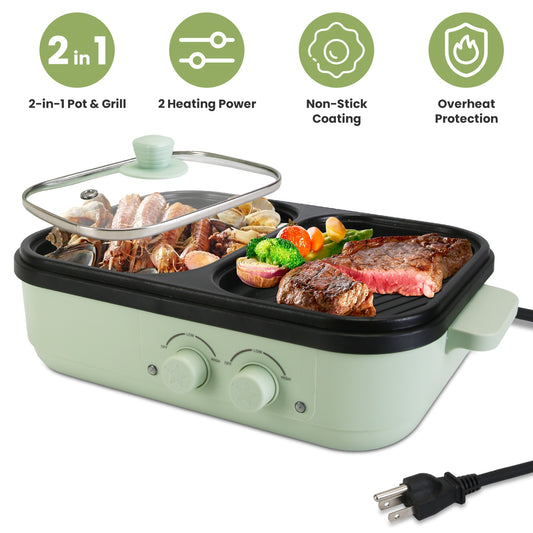 2-in-1 Electric Hot Pot with Grill Non-Stick Cooker, Portable Dual Power Electric Cooker Pot & Griddle Combo with Glass Lid, Fast Heating Mini Electric Skillet for BBQ, Noodles, Steak (1–2 People)