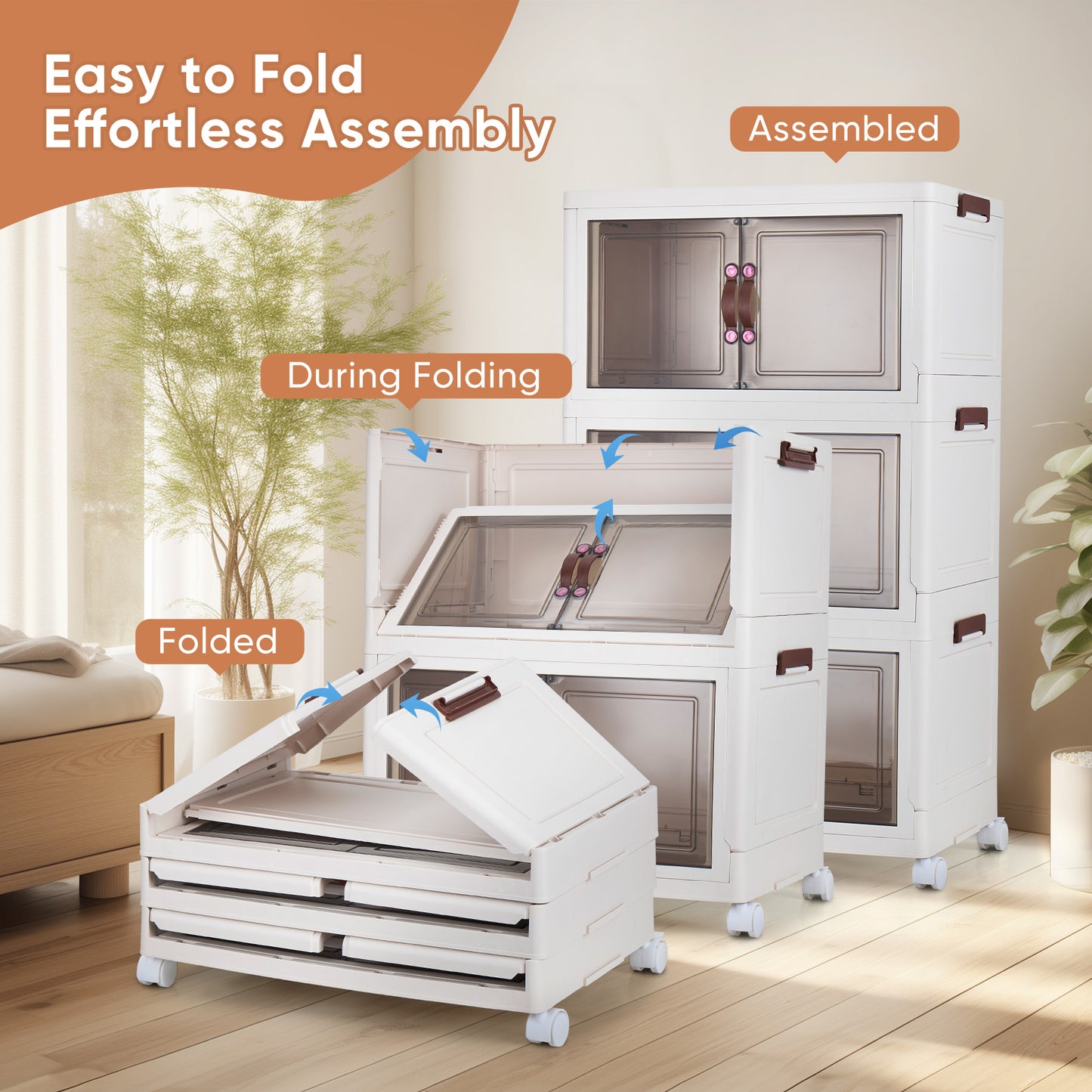 Portable Collapsible Storage Box, Folding Storage Bin - Clear Transparent Design With Lids And Pulley