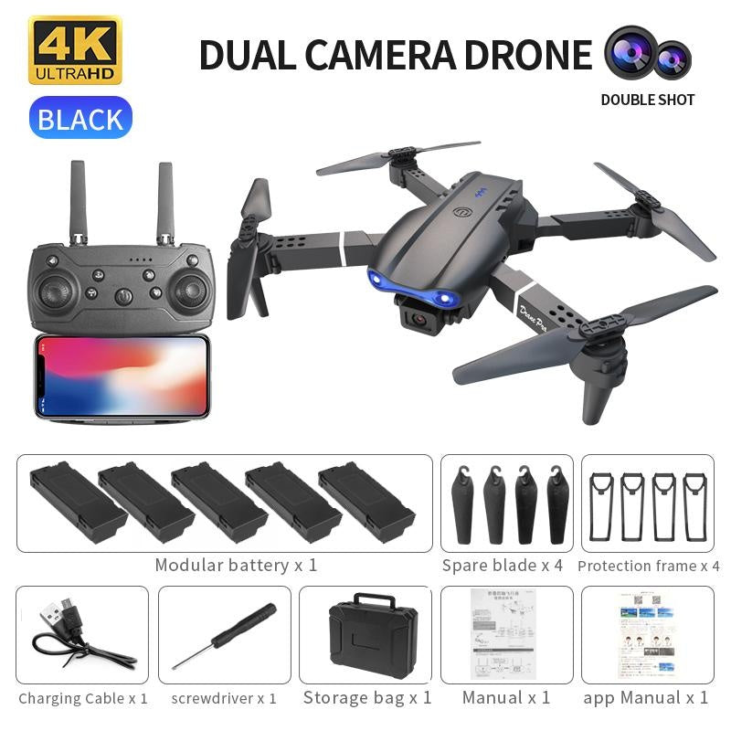 E99 Pro Dual Camera Drone with HD Front & Bottom Lens, 1800mAh Battery, Air Pressure Altitude Hold, Sensor Control, 360° Rollover, Trajectory Flight, Black Foldable Quadcopter